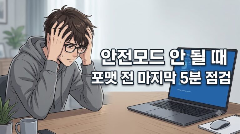 Windows 안전모드 부팅 안 될 때 모니터 화면을 보며 머리를 감싸 쥐고 좌절하는 남성과 윈도우 복구 환경 화면이 켜진 노트북 일러스트