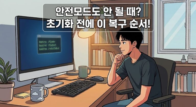 윈도우11 안전모드 진입이 안 될 때 명령 프롬프트로 부팅 영역을 복구하여 문제를 해결한 모습을 담은 대표 이미지