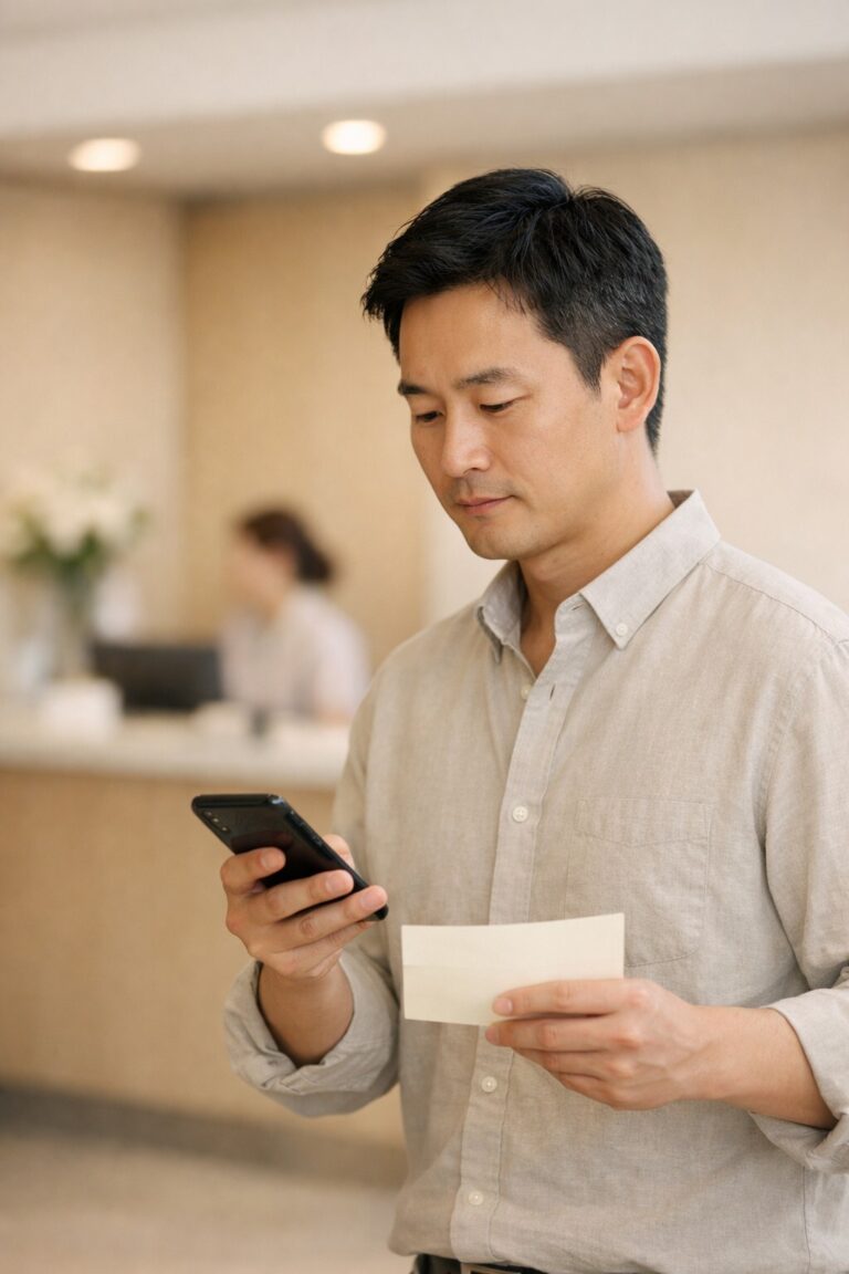 건강보험 적용 안 됨 상황에서 병원 접수대에서 스마트폰으로 자격 확인하는 장면