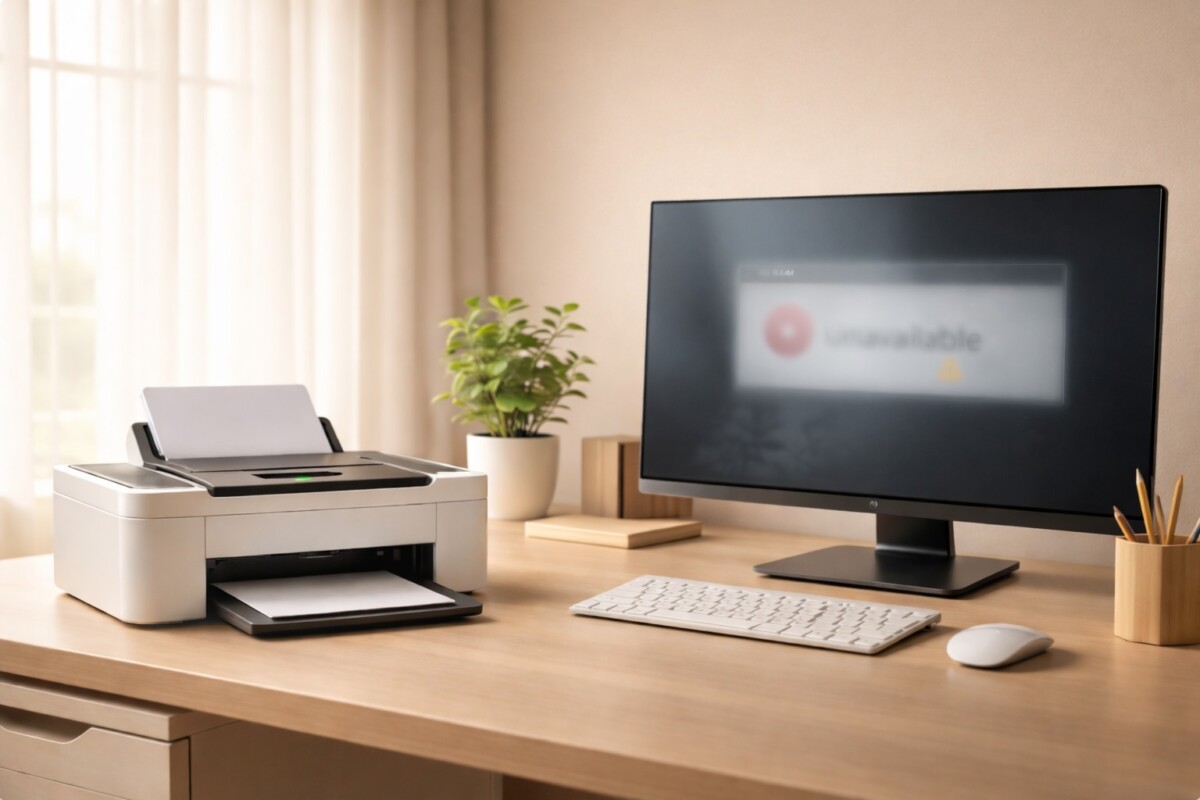 드라이버는 있는데 프린터 포트가 없을 때 출력이 되지 않는 상황을 보여주는 정상 전원 상태의 프린터와 인식이 끊긴 컴퓨터 환경