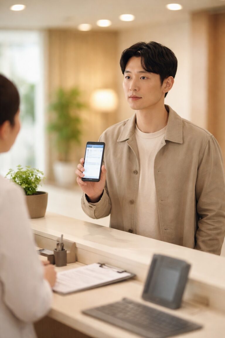 병원 자격 확인 안됨으로 접수대에서 스마트폰으로 건강보험 자격을 확인하는 장면