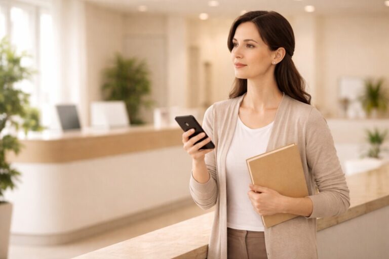 병원 접수 서류 안 될 때 접수창구에서 서류가 인식되지 않아 차분하게 해결 방법을 찾는 환자의 모습