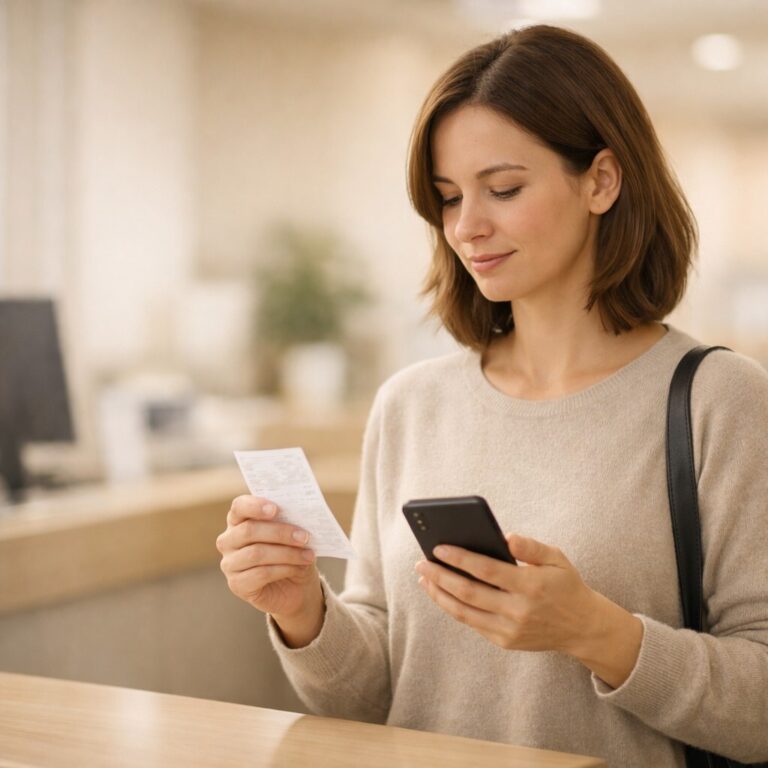 병원비 전액 냈을 때 나중에 돌려받는 절차 상황을 보여주는 병원 접수 데스크와 영수증을 들고 환급 확인 중인 성인 이미지