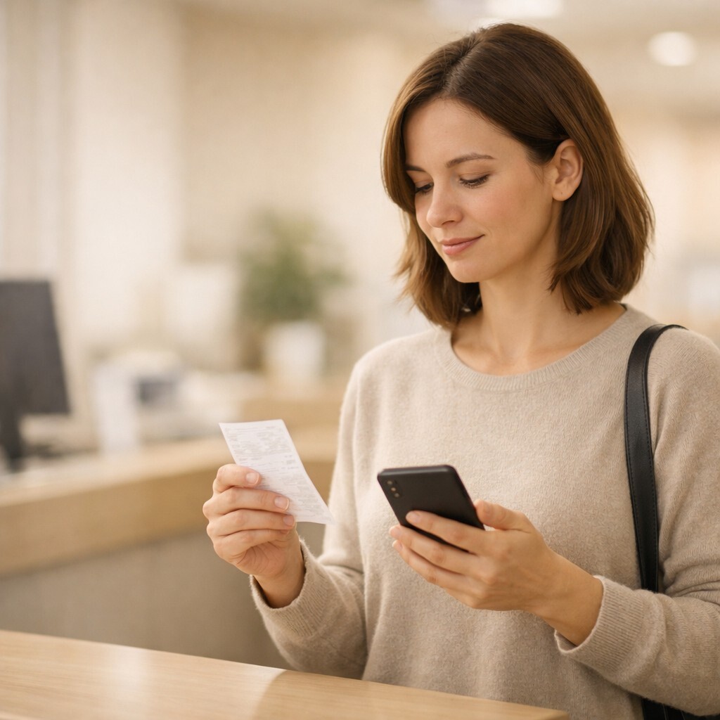 병원비 전액 냈을 때 나중에 돌려받는 절차 상황을 보여주는 병원 접수 데스크와 영수증을 들고 환급 확인 중인 성인 이미지