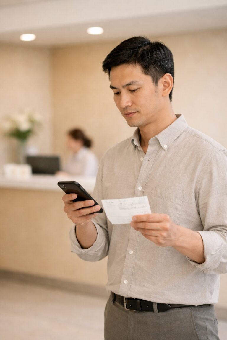 병원비 환급 절차 상황에서 병원 결제 영수증을 들고 재정산을 확인하는 장면