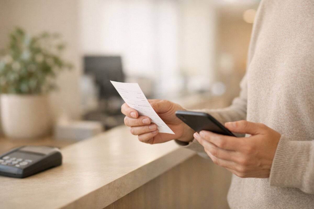 병원비 환급 절차 확인을 위해 병원 수납 창구에서 영수증과 스마트폰을 들고 있는 장면