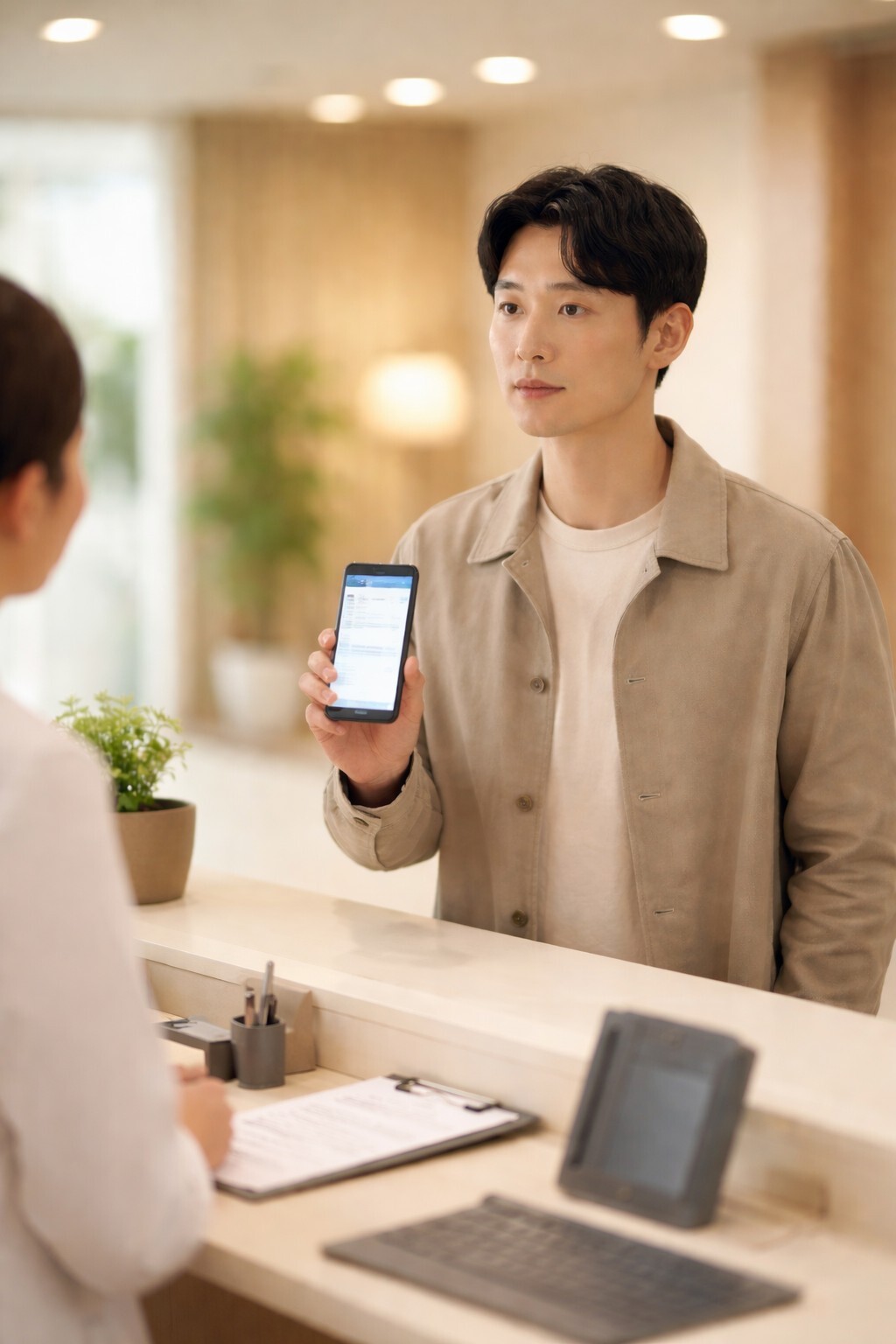 이직 후 건강보험 적용 안됨으로 병원 접수대에서 보험 상태를 확인하는 장면