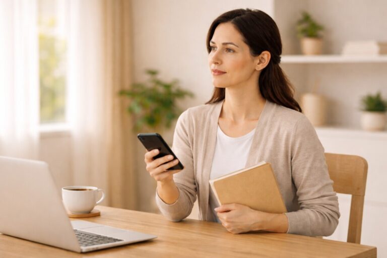 이직/퇴사 후 건강보험 처리 순서를 고민하며 스마트폰과 서류를 들고 차분하게 확인하는 모습,