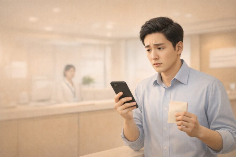 자격 변경 후 건강보험 미적용 상황에서 병원 접수대에서 확인하는 장면