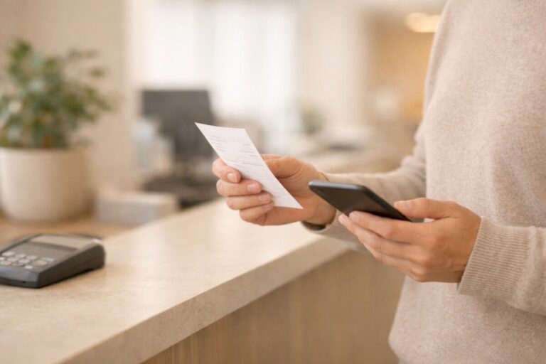 자격 변경 후 병원비 미적용 상황에서 병원 수납 창구에서 영수증을 확인하는 장면