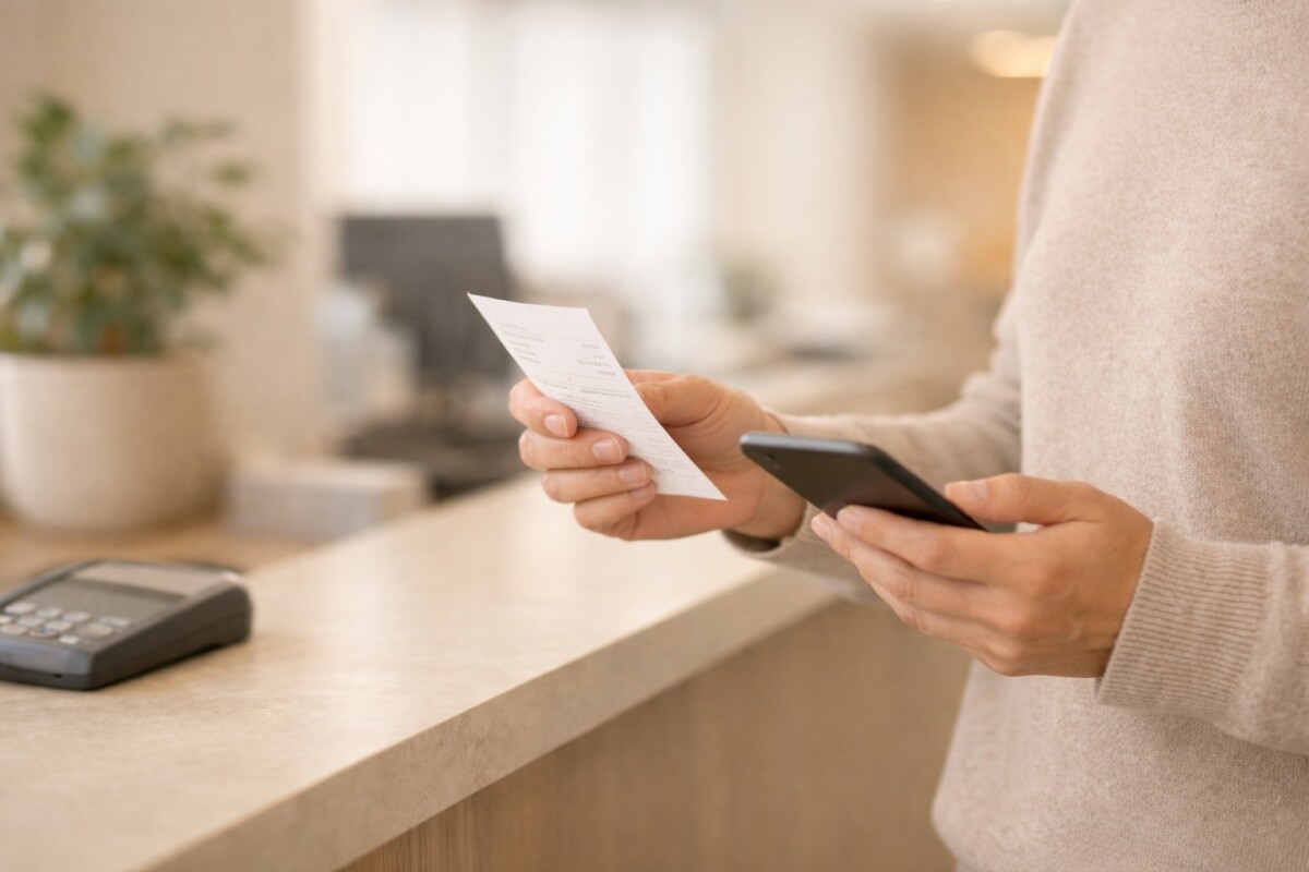 자격 변경 후 병원비 미적용 상황에서 병원 수납 창구에서 영수증을 확인하는 장면