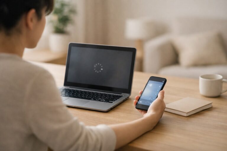 정부24 오류로 PC 화면이 멈춘 상황에서 재시도 대신 모바일 경로 변경으로 문제를 해결하는 모습을 표현한 대표 이미지