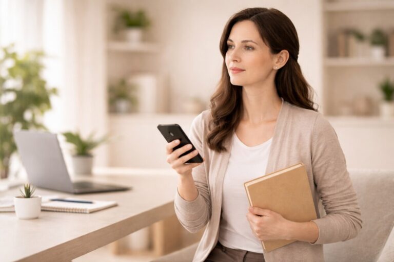 정부24/공공서류 오류로 서류 발급이 막힌 상황에서 스마트폰과 서류를 들고 차분하게 해결 방법을 찾는 모습