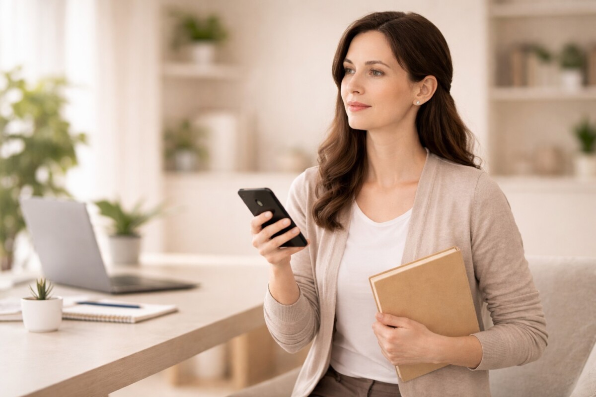 정부24/공공서류 오류로 서류 발급이 막힌 상황에서 스마트폰과 서류를 들고 차분하게 해결 방법을 찾는 모습