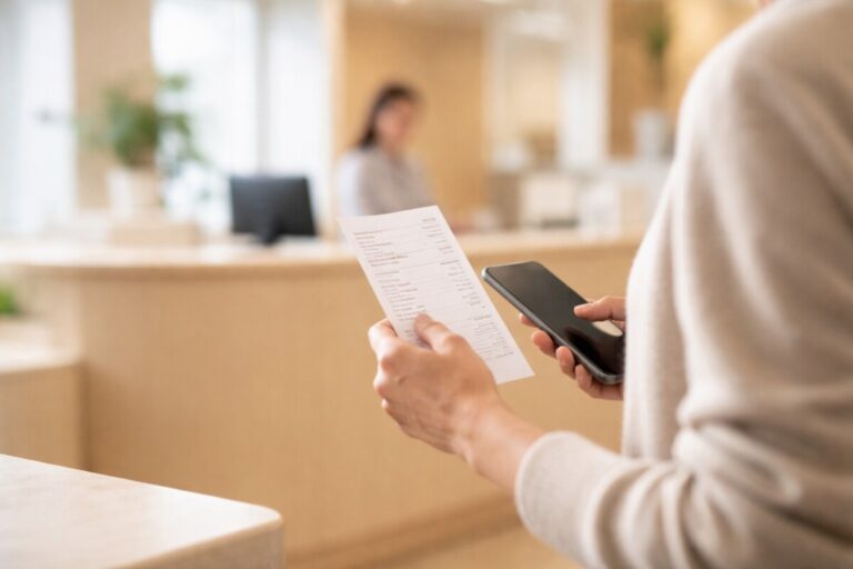 퇴사 직후 병원 방문 후 보험 적용이 되지 않아 영수증을 들고 환급 가능 여부를 확인하는 장면
