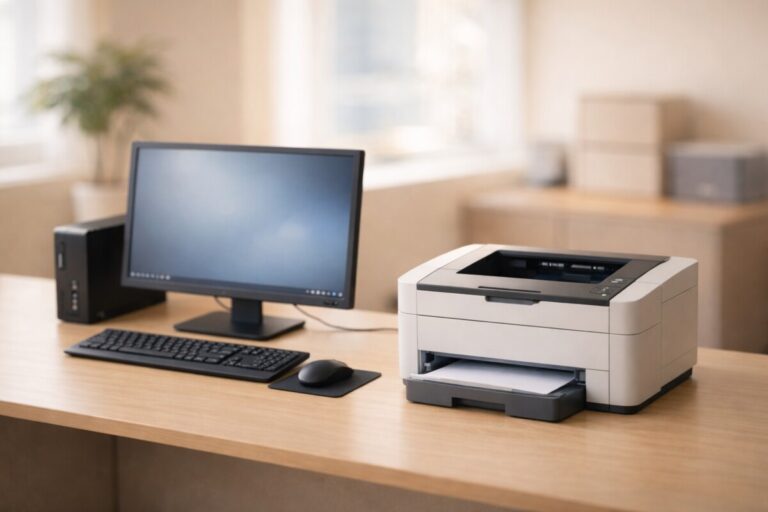 프린터가 오프라인으로 표시되지만 켜져 있을 때 발생하는 PC 인식 문제 상황을 표현한 사무실 환경 대표 이미지