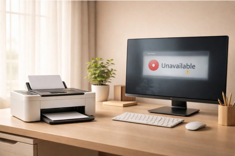 프린터가 켜져 있는데 'Unavailable' 표시되는 상황을 보여주는 정상 전원 상태의 프린터와 인식이 차단된 컴퓨터 환경