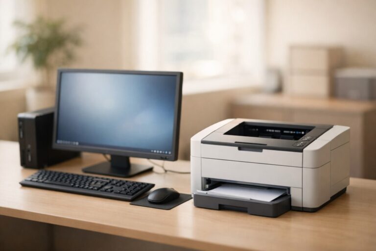 회사 공유 프린터가 특정 PC에서만 오프라인으로 뜰 때 발생하는 인식 문제를 표현한 사무실 환경 이미지