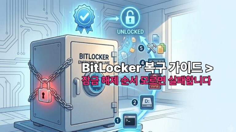 사슬로 묶인 금고가 단계별 과정을 거쳐 해제되는 일러스트 우측에 고딕체로 'BitLocker 복구 가이드 잠금 해제 순서 모르면 실패합니다' 텍스트가 삽입된 블로그 대표 썸네일 이미지