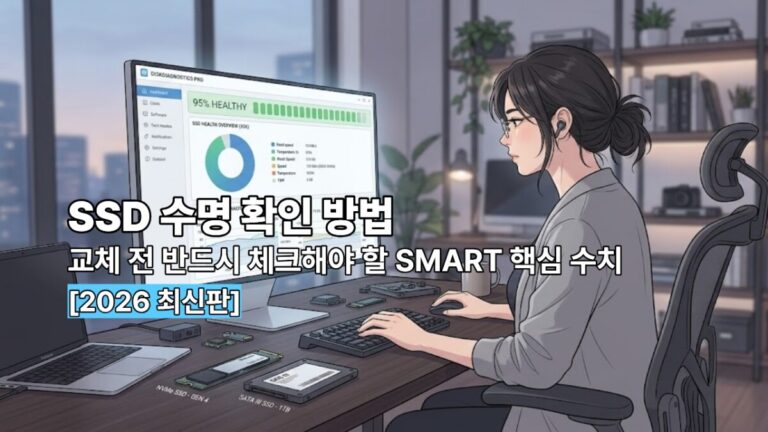 모니터 화면의 SSD 건강 상태 진단 프로그램 수치를 확인하며 분석하고 있는 여성 하드웨어 전문가의 모습