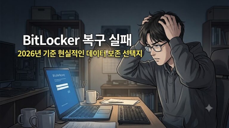 2026년 기준 BitLocker 복구 실패 시 데이터 보존 현실 선택지를 확인하며 수동 해결법을 고민하는 인물 일러스트