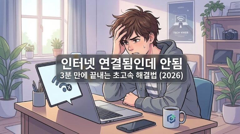 인터넷 연결됨인데 안됨 오류 현상으로 노트북 앞에서 답답해하는 사람의 모습을 담은 2026년 네트워크 초기화 가이드 블로그 썸네일 이미지