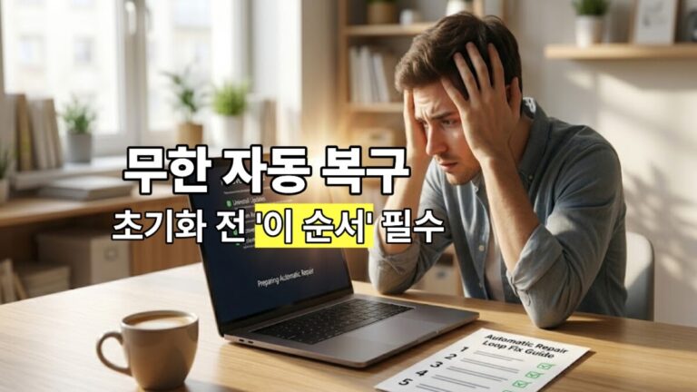 Preparing Automatic Repair 오류 화면이 뜬 노트북과 5단계 복구 가이드 문서 앞앉아 고민하는 남성
