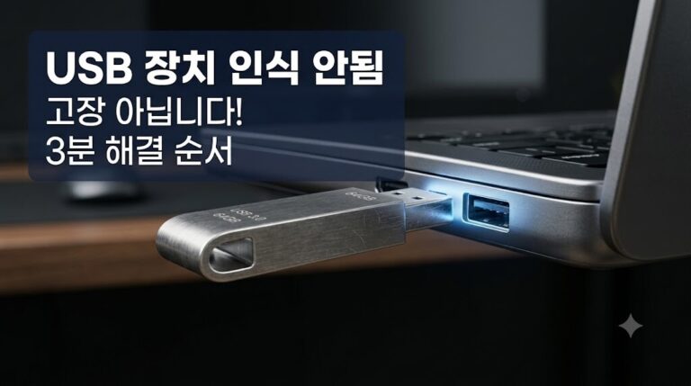 노트북 USB 포트에 메탈형 USB 메모리를 연결하여 USB 장치 인식 안됨 오류를 윈도우11 전원 및 드라이버 재설치 설정으로 해결하는 실사 이미지