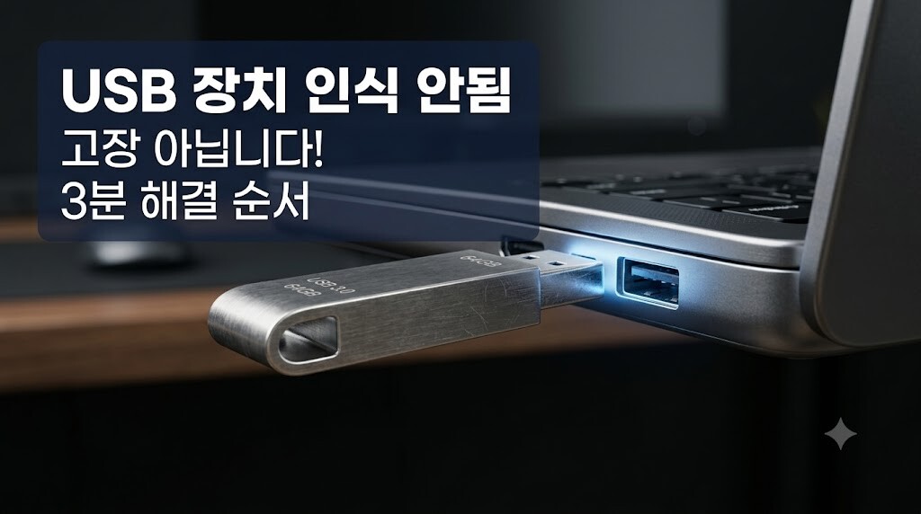 노트북 USB 포트에 메탈형 USB 메모리를 연결하여 USB 장치 인식 안됨 오류를 윈도우11 전원 및 드라이버 재설치 설정으로 해결하는 실사 이미지