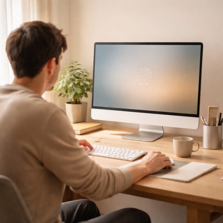 컴퓨터 부팅 속도 느릴 때 해결 방법 Windows 부팅 지연 상황을 점검하는 사용자와 데스크탑 컴퓨터 장면