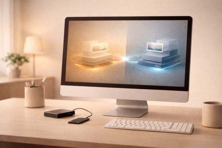 무료와 유료 복구 프로그램 선택을 비교하는 데이터 복구 결정 상황 장면