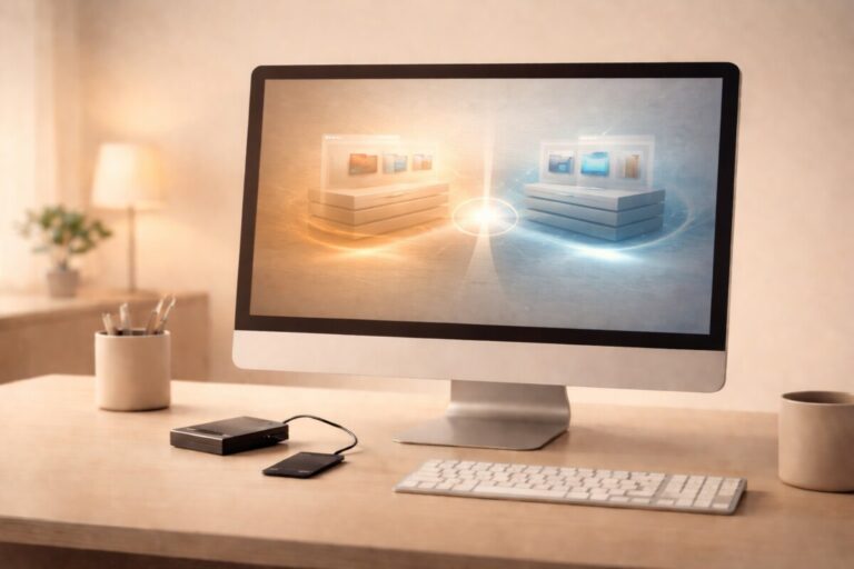 사진 복구 프로그램 선택을 고민하는 데이터 복구 결정 상황 장면