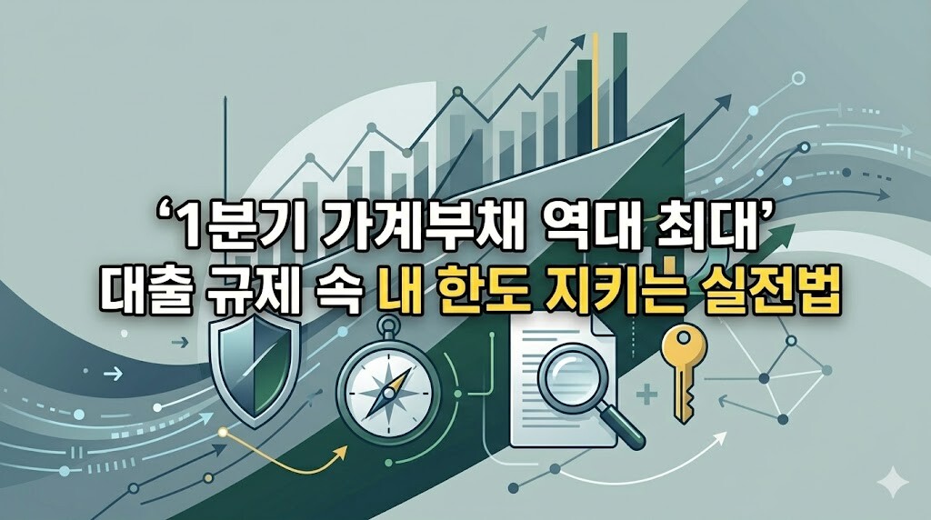 1분기 가계부채 역대 최대 규제 속에서 내 대출 한도를 지키는 실전 금융 방어법 타이틀이 중앙에 배치된 세련된 금융 인포그래픽 썸네일 이미지