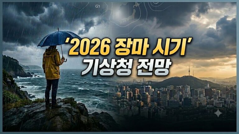 우산을 쓰고 비장하게 바다를 바라보는 남성의 모습과 서울 도심 풍경 위로 '2026년 장마 시기 기상청 전망, 올해 첫 시작일 예년보다 빠른 이 날짜?'라는 호기심을 유발하는 문구가 들어간 블로그 썸네일 이미지.