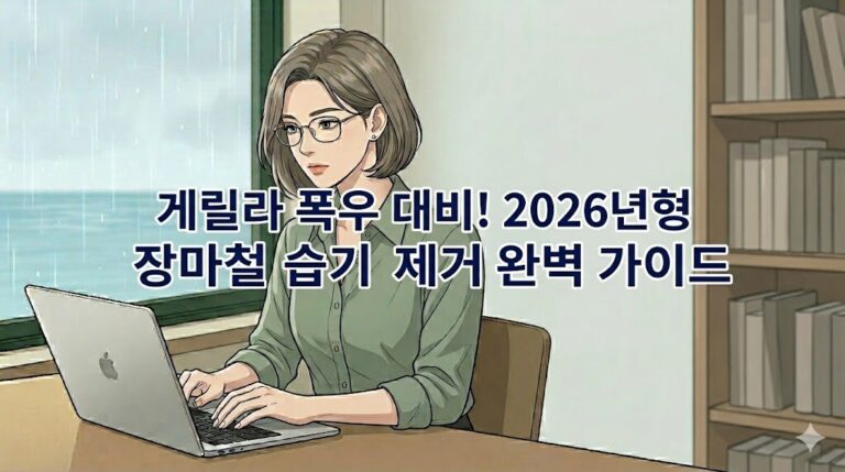 비 내리는 창가 자리에서 노트북을 사용하는 단발머리 여성 일러스트 정중앙에 '게릴라 폭우 대비! 2026년형 장마철 습기 제거 완벽 가이드' 문구가 들어간 블로그 대표 이미지.