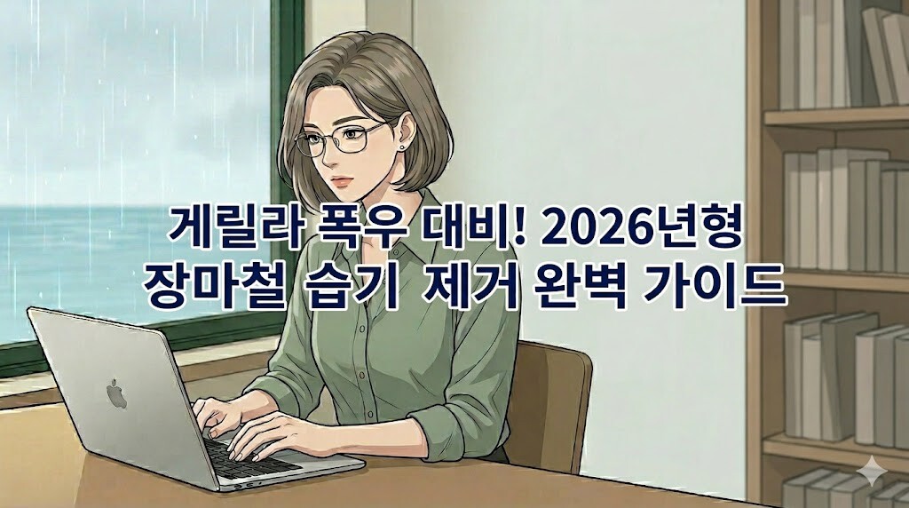 비 내리는 창가 자리에서 노트북을 사용하는 단발머리 여성 일러스트 정중앙에 '게릴라 폭우 대비! 2026년형 장마철 습기 제거 완벽 가이드' 문구가 들어간 블로그 대표 이미지.