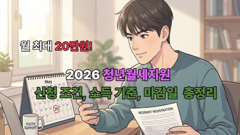 2026년 청년월세지원 5월 29일 마감일을 앞두고 서류를 준비하며 스마트폰으로 신청하는 청년의 일러스트