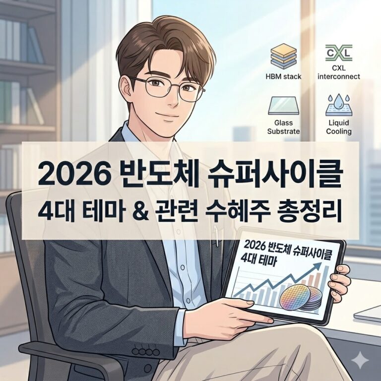 2026 반도체 슈퍼사이클 4대 테마 및 관련 수혜주 총정리를 설명하는 전문가 모습의 썸네일 일러스트.