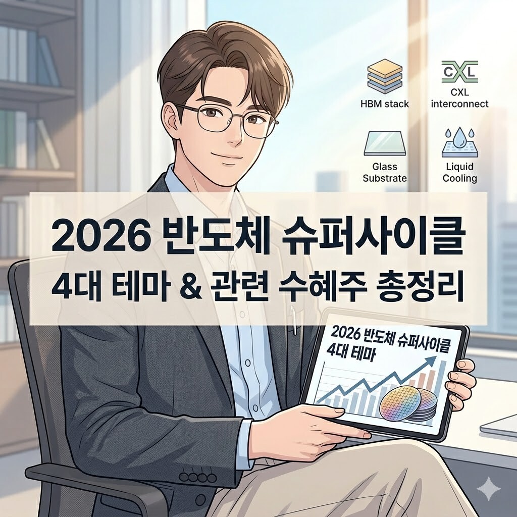 2026 반도체 슈퍼사이클 4대 테마 및 관련 수혜주 총정리를 설명하는 전문가 모습의 썸네일 일러스트.
