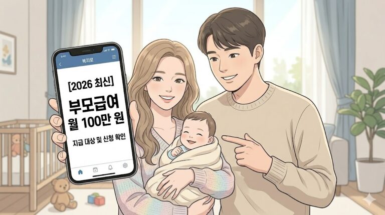 아이를 안고 행복해하는 부모가 '2026 부모급여 월 100만 원 지급' 안내 화면을 확인하는 일러스트 이미지.