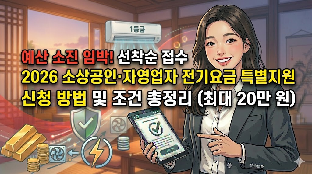 2026년 소상공인·자영업자 전기요금 특별지원 신청 방법과 선착순 예산 소진 임박 문구가 중앙에 강조된 대표 이미지로, 스마트 캐주얼 정장을 입고 환하게 미소 지으며 태블릿을 가리키는 20대 중반 쾌활한 여성 사장님의 정갈한 웹툰풍 반실사 일러스트 썸네일