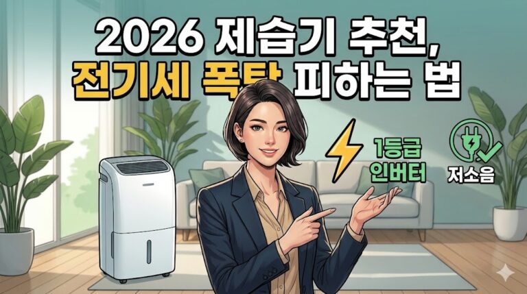 깔끔한 거실 배경에서 1등급 인버터 제습기를 보여주며 전기세 폭탄 피하는 법을 직관적으로 소개하는 블로그 썸네일 일러스트