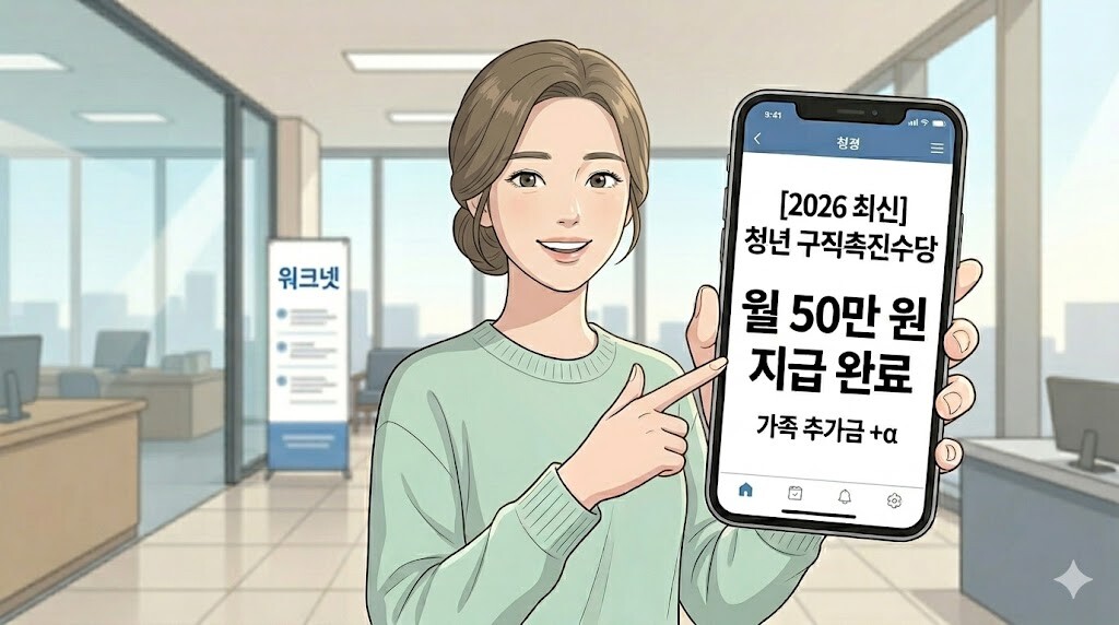 미소 짓는 여성이 '2026년 청년 구직촉진수당 월 50만 원 지급 완료' 화면을 가리키는 이미지.