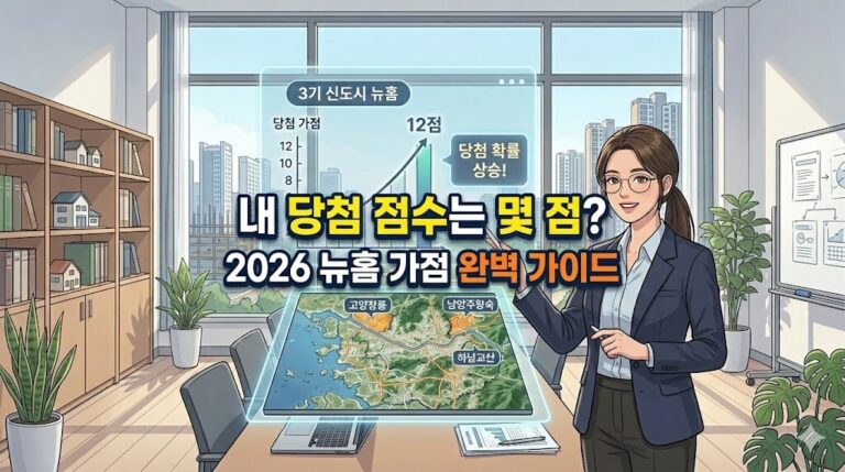 2026년 3기 신도시 뉴홈 청약 가점 계산법을 안내하는 여성 전문가 일러스트와 '내 당첨 점수는 몇 점?' 텍스트가 포함된 썸네일