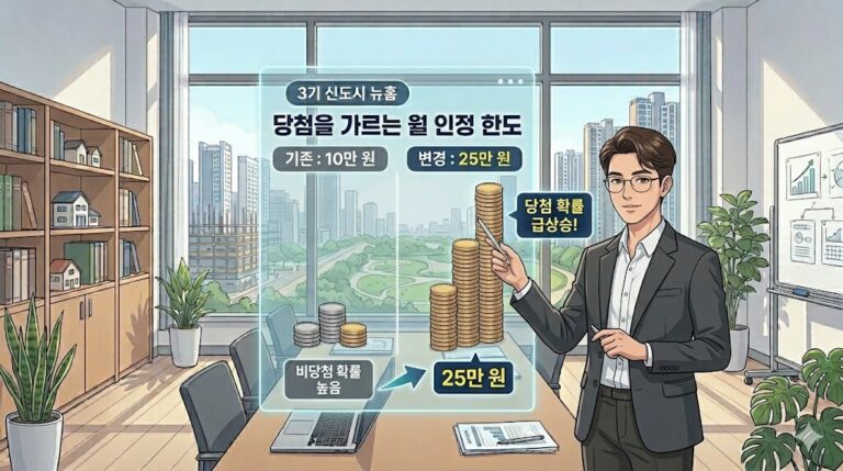 청약통장 25만 원 납입 한도 상향에 따른 3기 신도시 뉴홈 당첨 확률 격차를 직관적으로 비교한 전문가 일러스트