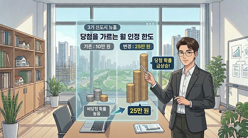 청약통장 25만 원 납입 한도 상향에 따른 3기 신도시 뉴홈 당첨 확률 격차를 직관적으로 비교한 전문가 일러스트