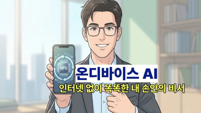 '인터넷 없이 똑똑한 내 손안의 비서 온디바이스 AI'라는 텍스트가 중앙에 적혀 있고, 스마트폰 내부의 NPU 칩을 가리키며 설명하는 IT 전문가 일러스트