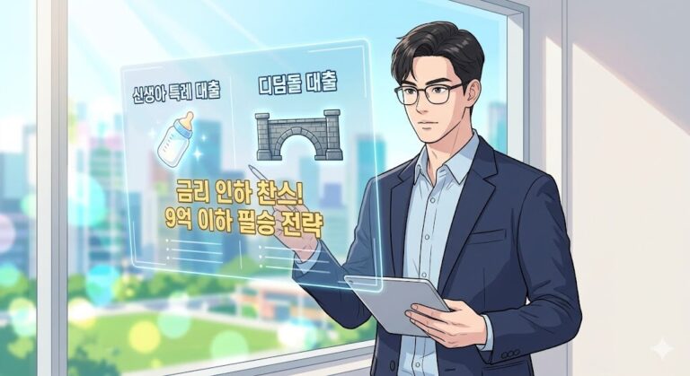신생아 특례대출과 디딤돌대출을 활용한 9억 이하 무주택자 매수 전략을 설명하는 전문가 모습의 썸네일 일러스트.