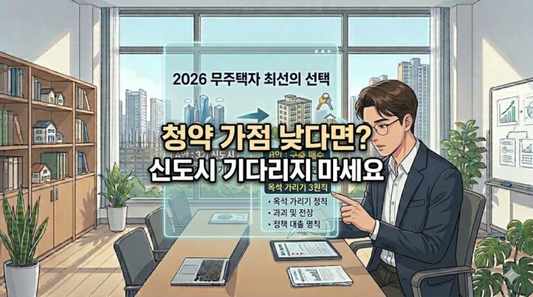 청약 가점이 낮은 무주택자에게 기약 없는 3기 신도시 대기 대신 구축 아파트 매수를 조언하는 2026년 부동산 전문가 일러스트 썸네일