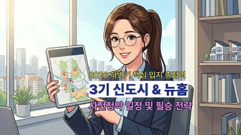 2026 하반기 핵심 입지 총정리 3기 신도시 & 뉴홈 사전청약 일정 및 필승 전략'이라는 제목이 적힌, 머리를 묶고 태블릿을 든 스마트한 인상의 여성 부동산 전문가 일러스트
